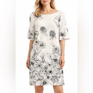 Ivanka Trump White Shift Dress with Black Floral Sketch